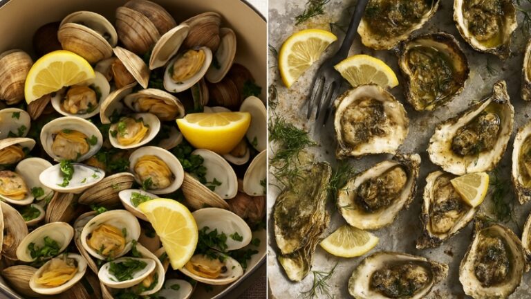 Clams vs oysters, featuring a dish of steamed clams and baked oysters with lemon wedges