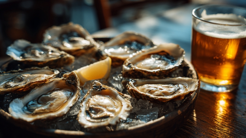 A plate of fresh oysters on ice with a lemon wedge next to a glass of beer