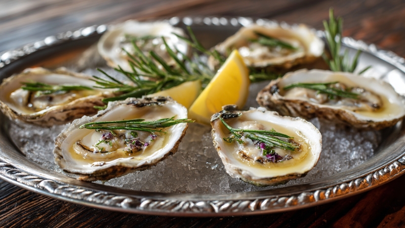 A plate of fresh oysters on ice with lemon wedges and herbs