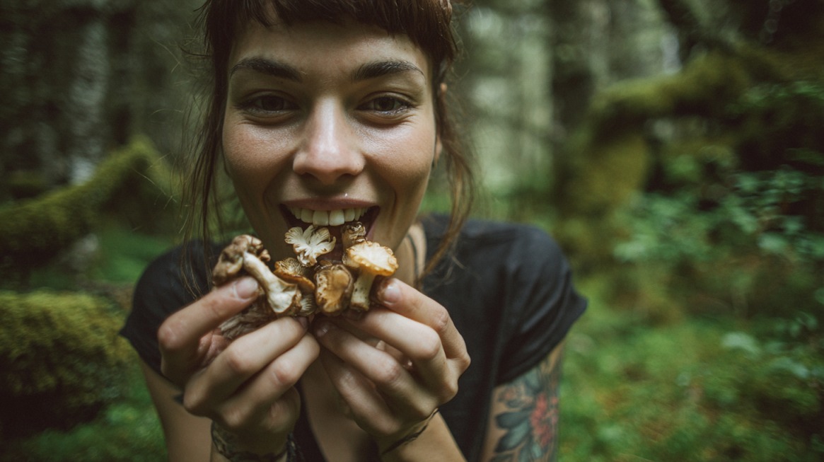 Person smiling and holding raw wild mushrooms close to their mouth in a forest setting