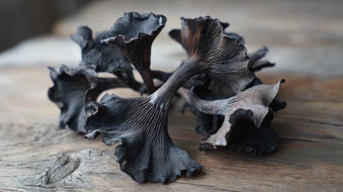 Cluster of black trumpet mushrooms with dark, funnel-shaped caps on a wooden surface