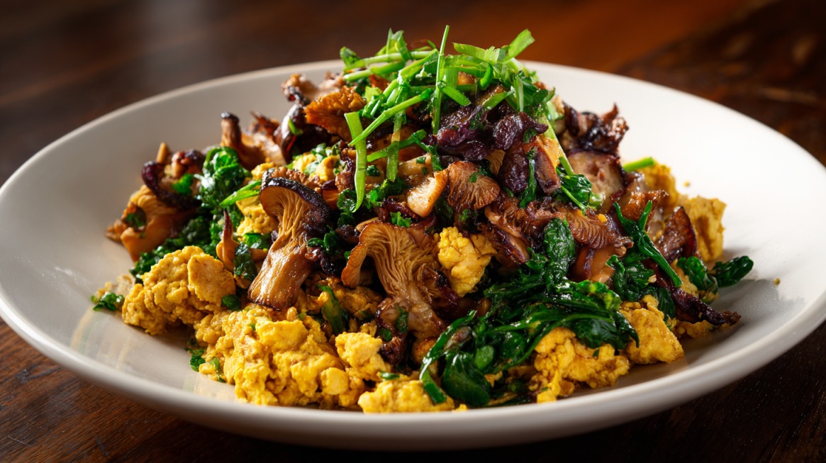 Plate of scrambled eggs topped with sautéed maitake mushrooms, greens, and herbs