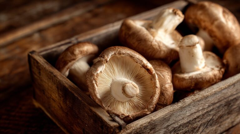Close-up of fresh raw mushrooms in a rustic wooden box, showing gills and stems