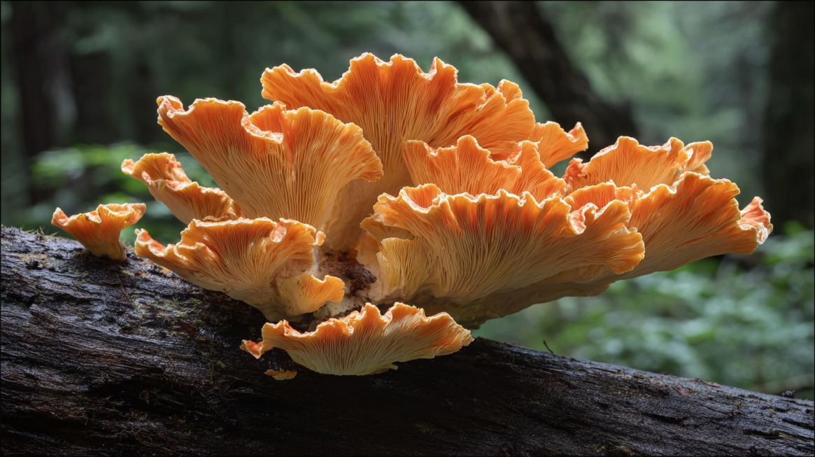 Bright orange chicken of the woods mushroom growing on a fallen tree trunk in the forest