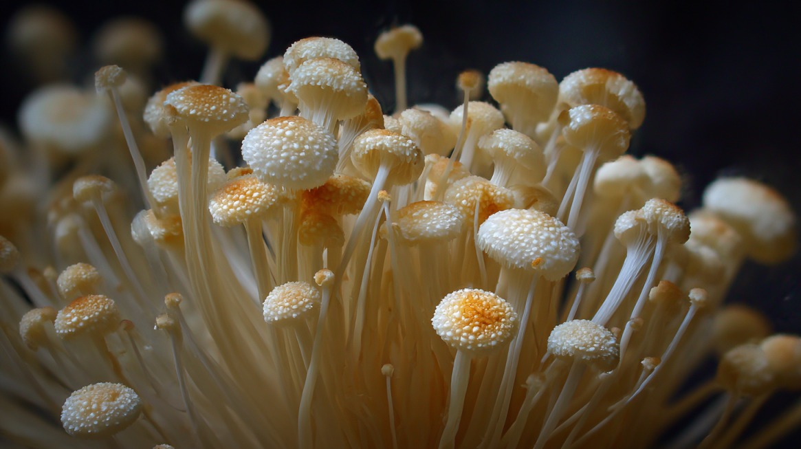 Cluster of enoki mushrooms with thin white stems and small round caps