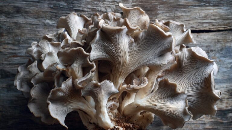 Close-up of fresh maitake mushrooms with layered fronds, placed on a rustic wooden surface