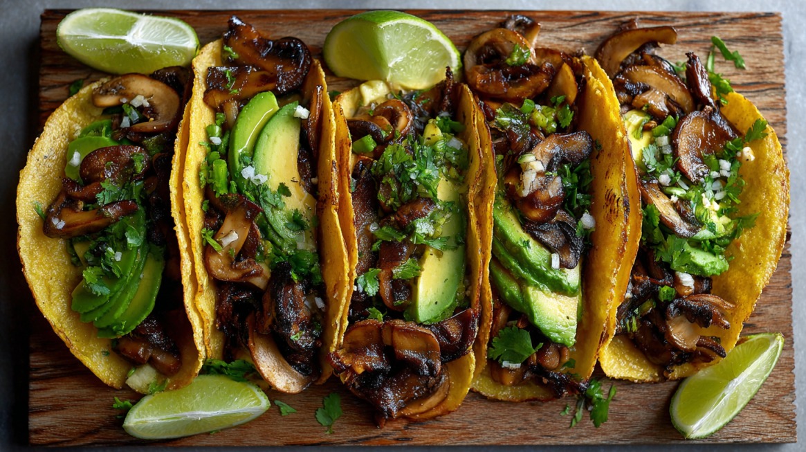 Row of crispy tacos filled with roasted maitake mushrooms, avocado slices, cilantro, and lime wedges on a wooden board