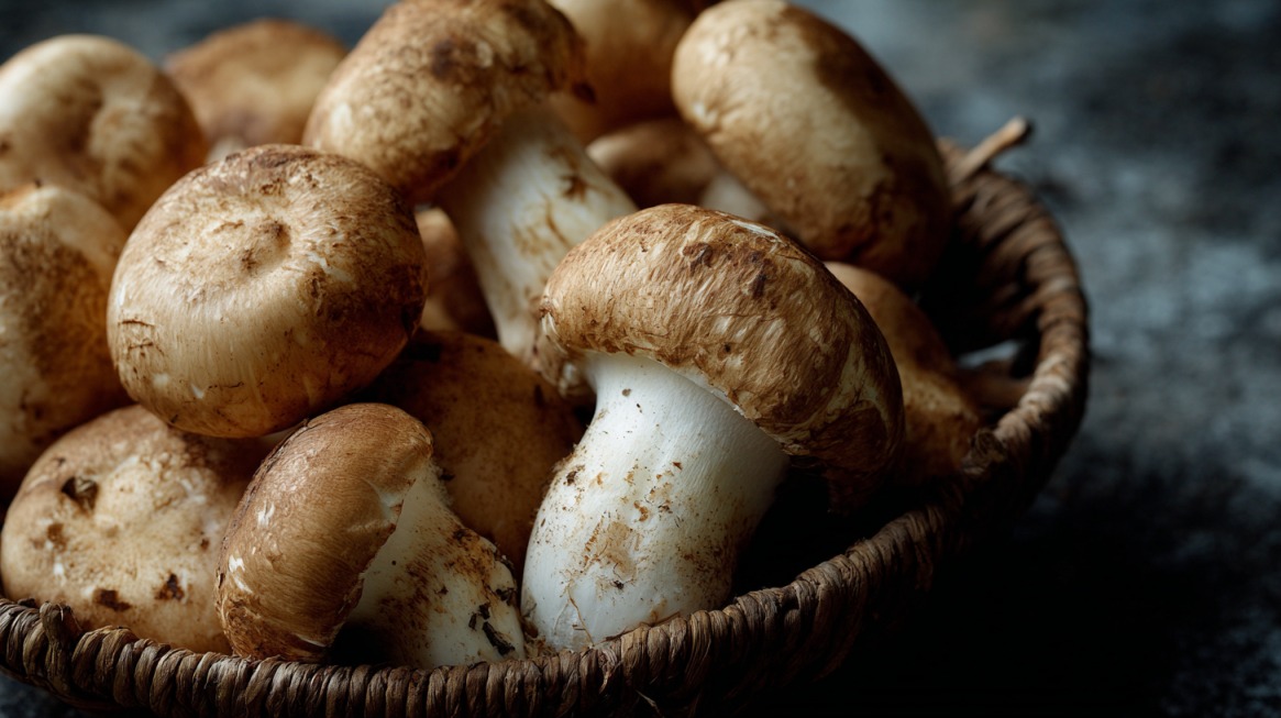Basket of matsutake mushrooms with thick white stems and brown caps