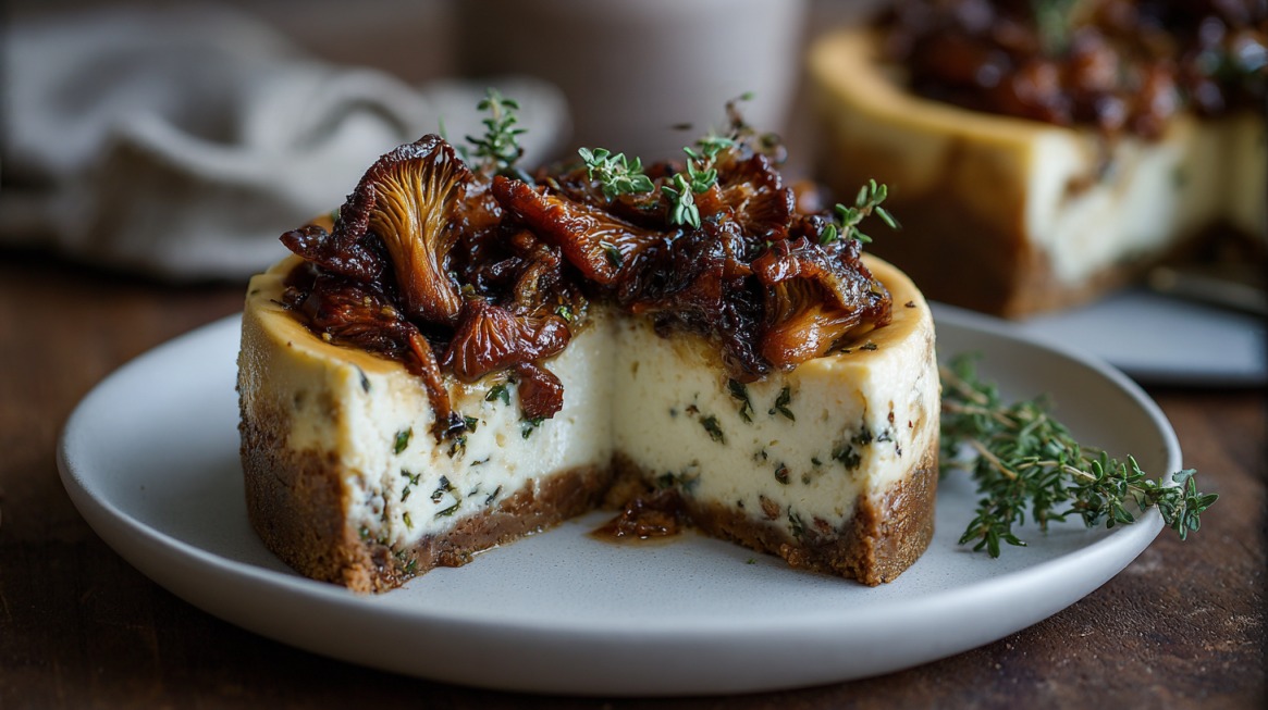 Slice of savory cheesecake infused with thyme and topped with caramelized maitake mushrooms on a plate