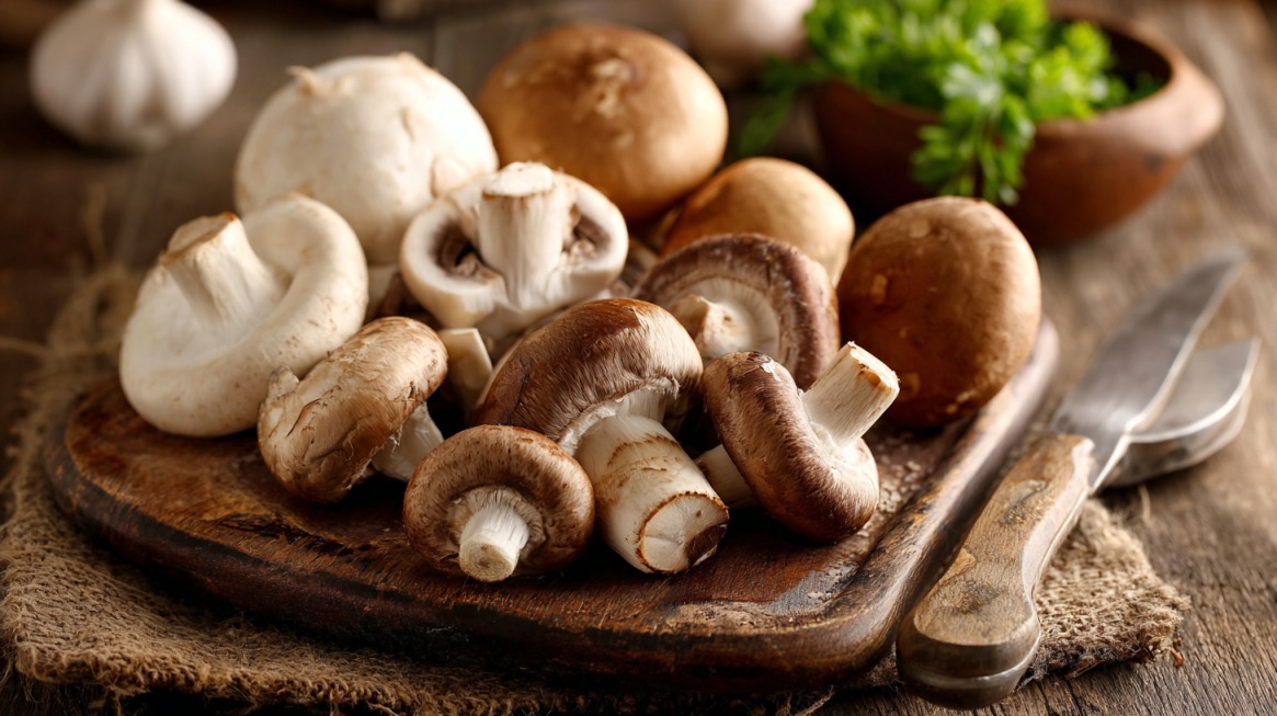 Close-up of fresh button, cremini, and shiitake mushrooms on a rustic wooden board with a knife nearby
