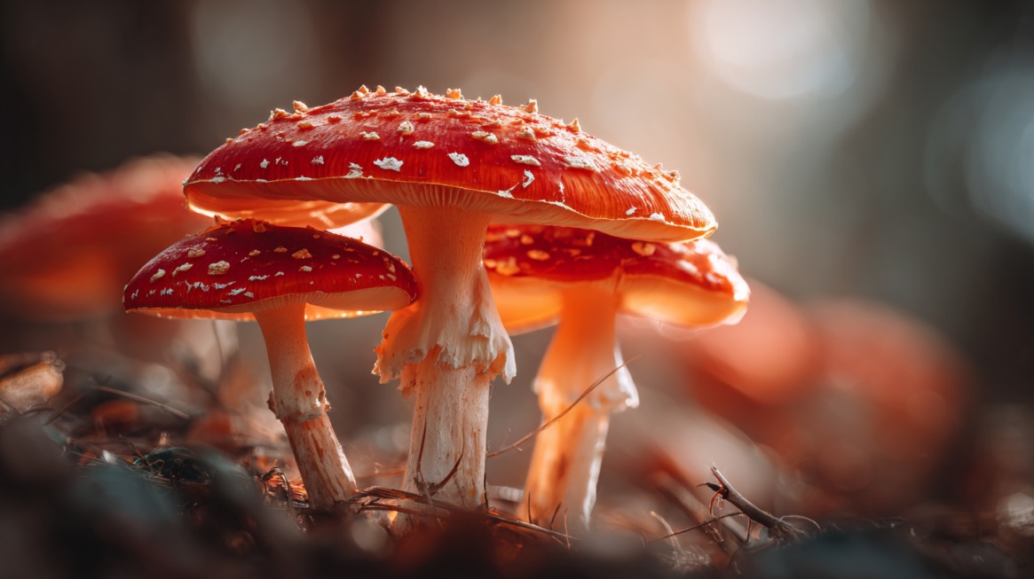 Close-up of bright red mushrooms with white spots growing in the forest, often associated with toxicity