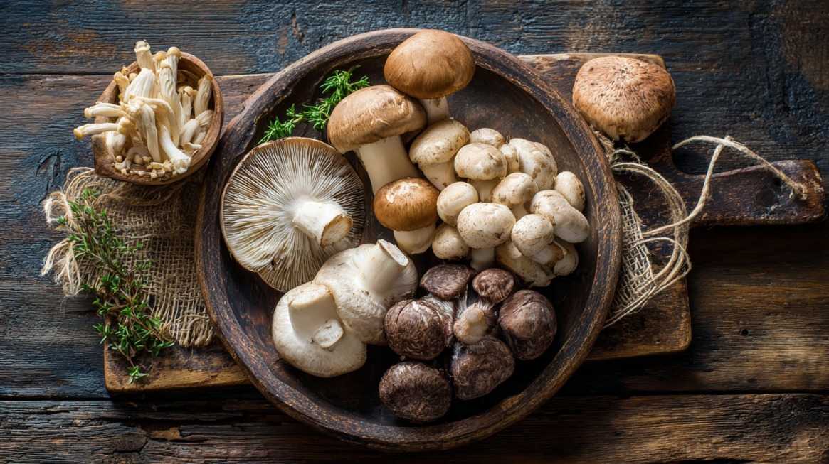 Assorted raw mushrooms including shiitake, enoki, button, and king oyster displayed in a wooden bowl on a rustic wooden surface