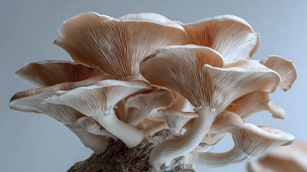 Cluster of oyster mushrooms growing on wood, showing their fan-shaped caps and soft gills