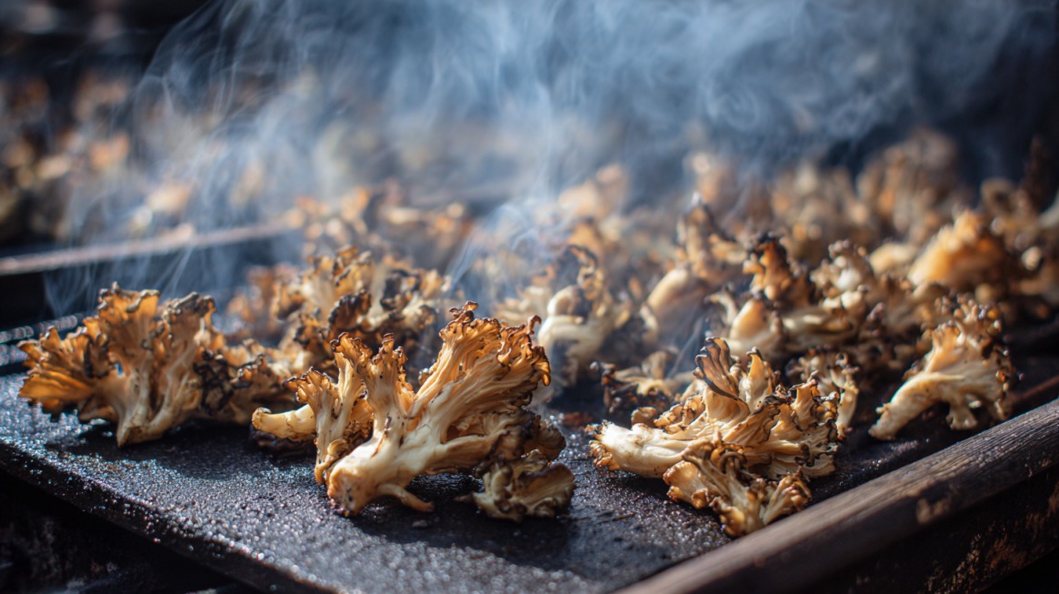 Close-up of maitake mushrooms roasting on a tray with visible steam rising