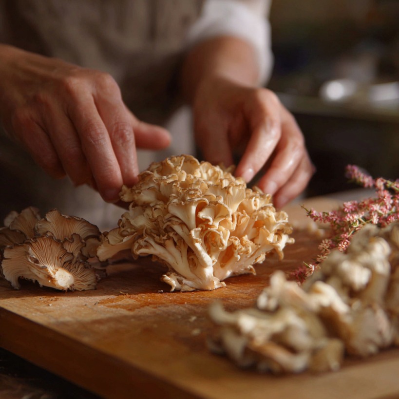 Hands preparing fresh maitake mushrooms on a wooden cutting board with herbs nearby