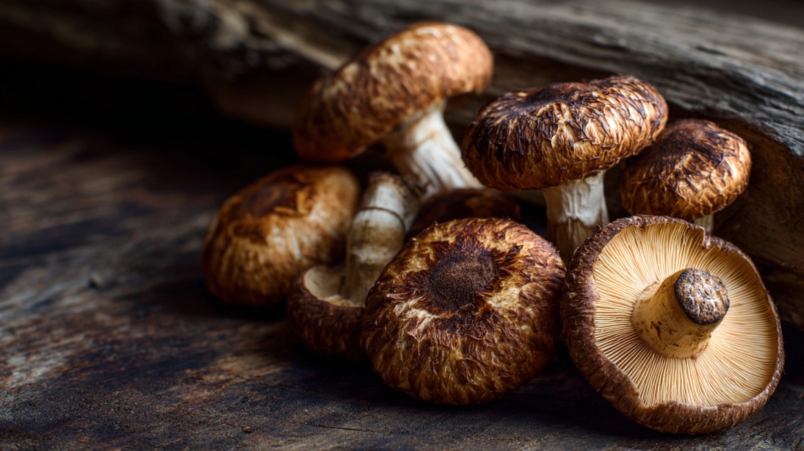 Group of shiitake mushrooms with dark, textured caps and creamy gills on a wooden surface