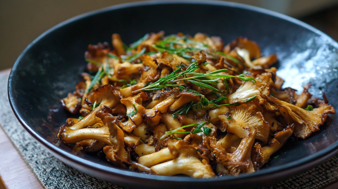 Pan-fried maitake mushrooms garnished with fresh herbs in a black bowl
