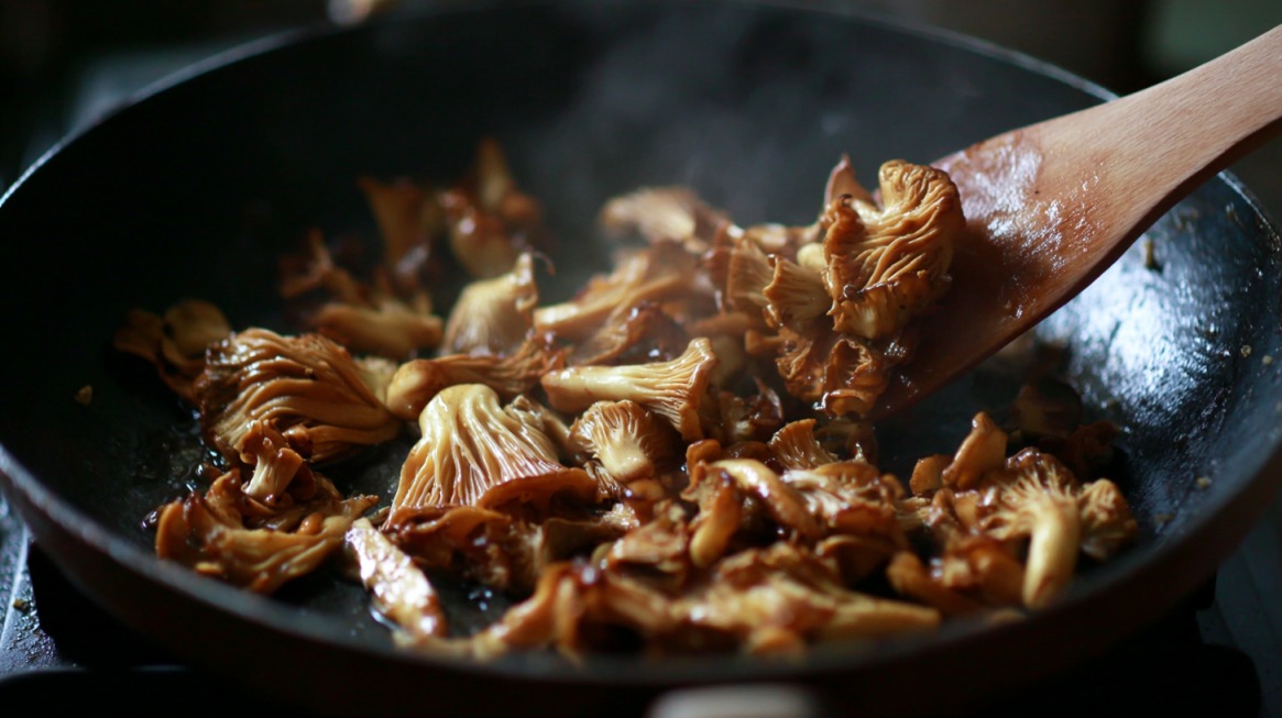 Close-up of maitake mushrooms being stir-fried in a pan with a wooden spatula