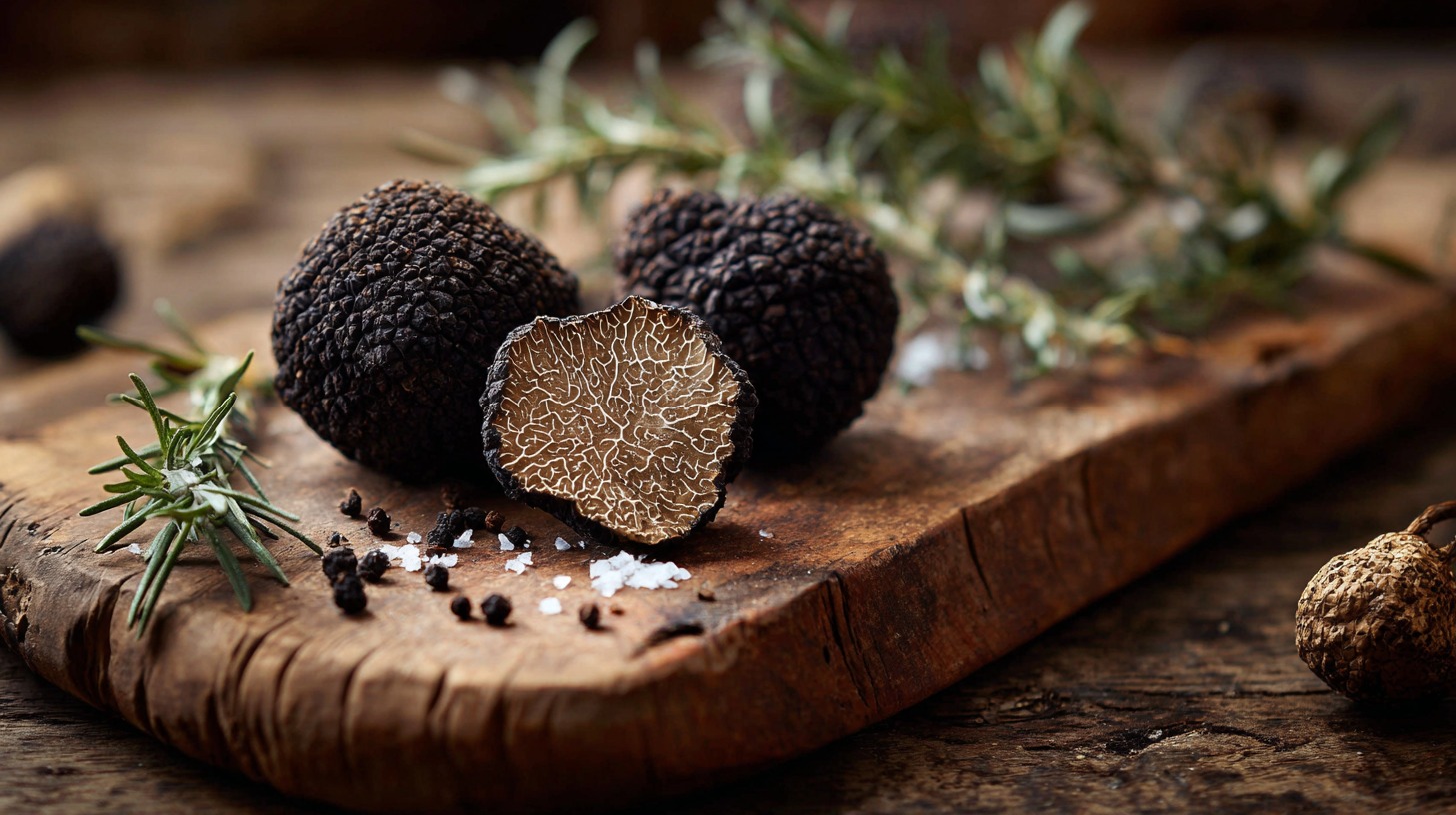 Whole and sliced black truffles on a rustic wooden board with herbs and salt