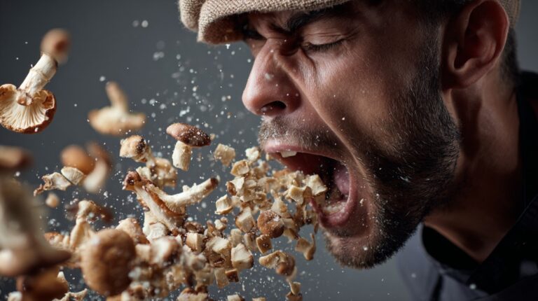 A man wearing a cap spits out mushrooms in an explosive burst, captured in dramatic slow motion